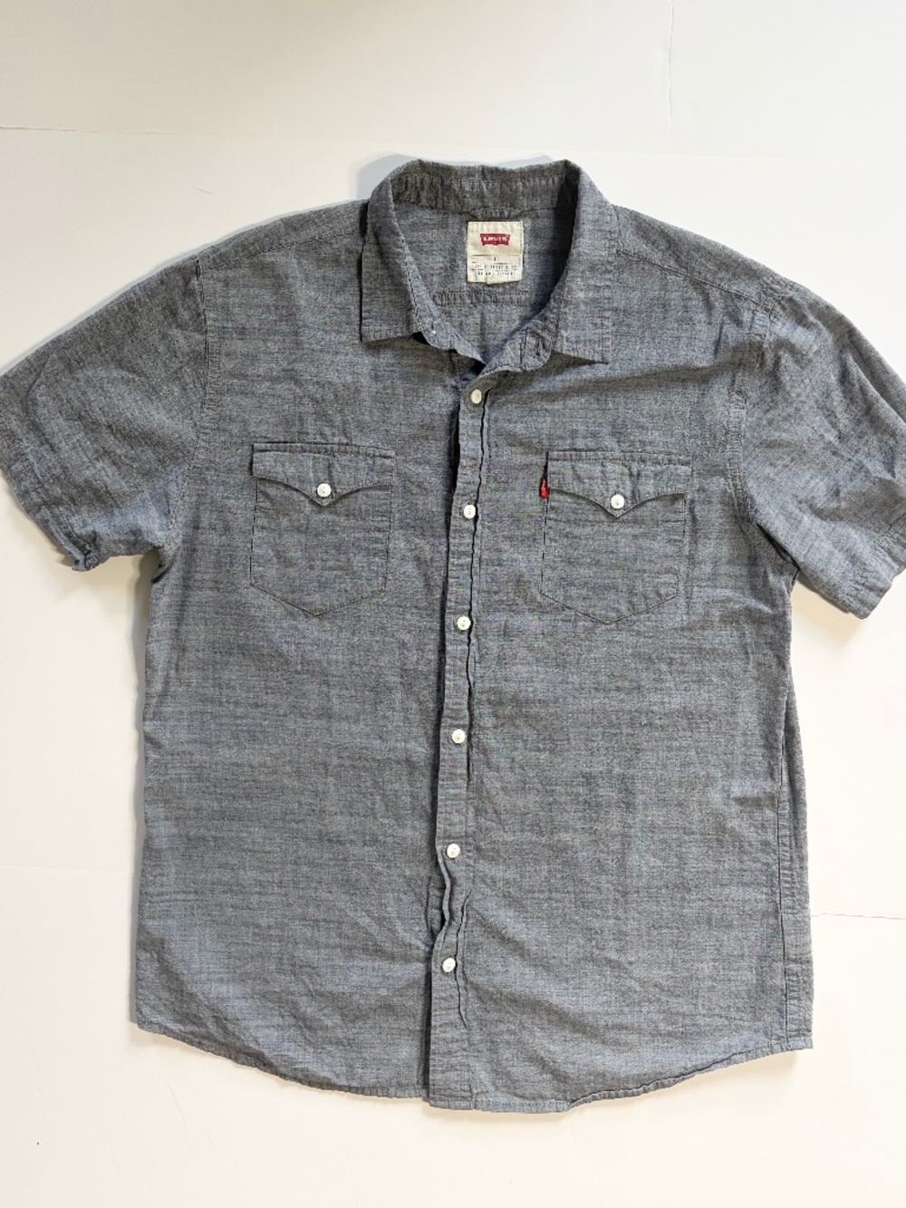 Levis Chambray Shirt Button Up Short Sleeve Size L Slim Mens Western